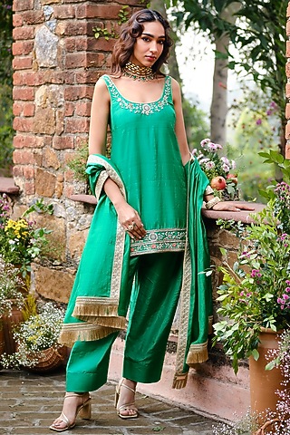 Emerald Green Khurkhul Handwoven Silk Thread Embroidered Kurta Set by 11 Tareng