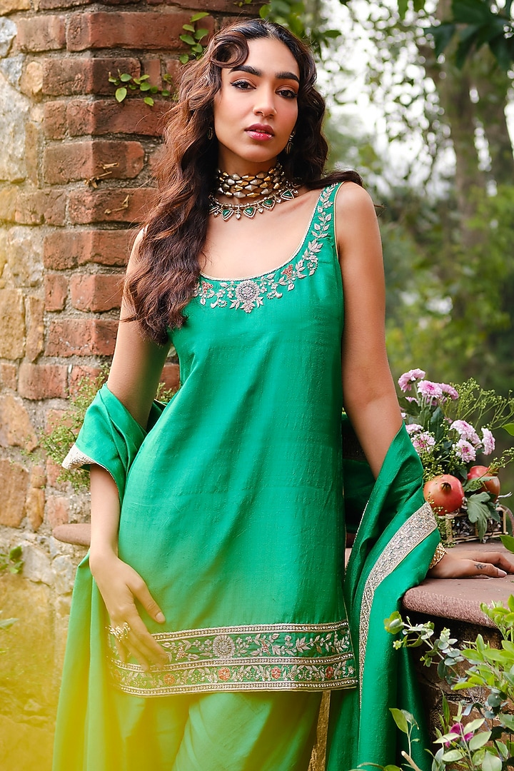 Emerald Green Khurkhul Handwoven Silk Thread Embroidered Kurta Set by 11 Tareng at Pernia's Pop Up Shop