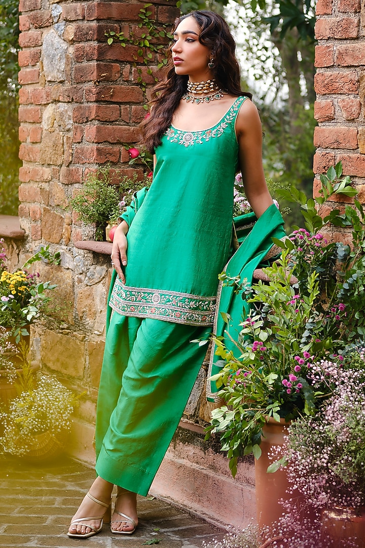 Emerald Green Khurkhul Handwoven Silk Thread Embroidered Kurta Set by 11 Tareng at Pernia's Pop Up Shop