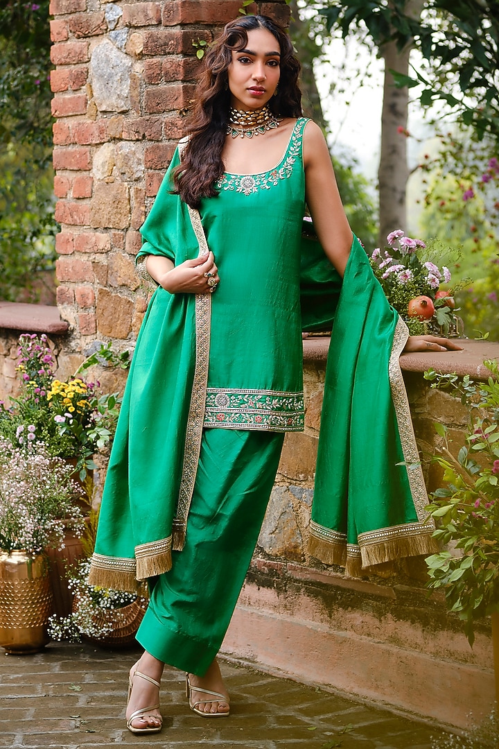 Emerald Green Khurkhul Handwoven Silk Thread Embroidered Kurta Set by 11 Tareng at Pernia's Pop Up Shop