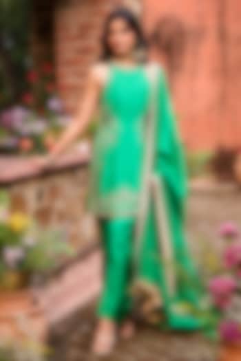 Emerald Green Khurkhul Handwoven Silk Thread Embroidered Kurta Set by 11 Tareng at Pernia's Pop Up Shop