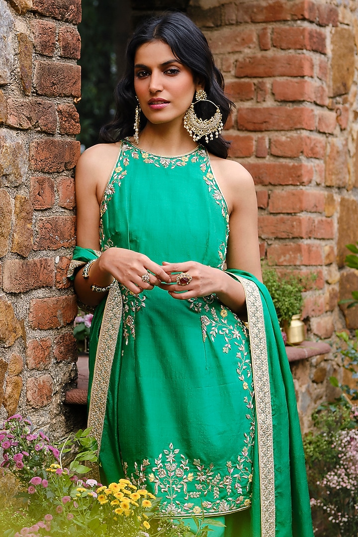 Emerald Green Khurkhul Handwoven Silk Thread Embroidered Kurta Set by 11 Tareng at Pernia's Pop Up Shop