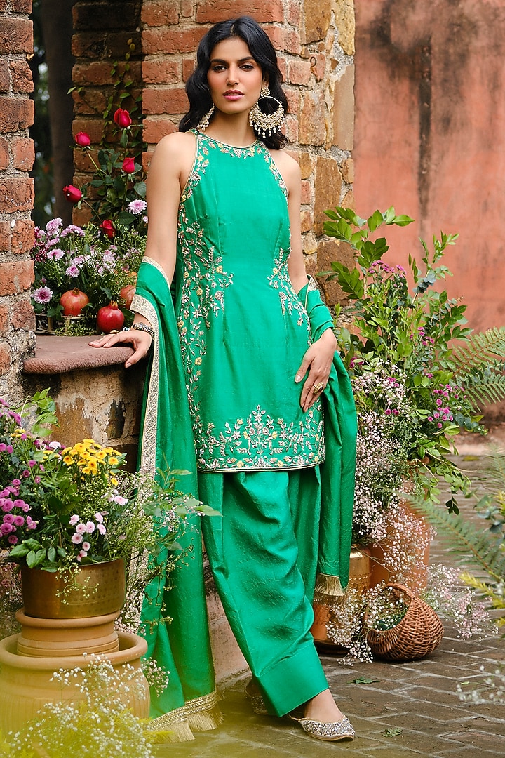 Emerald Green Khurkhul Handwoven Silk Thread Embroidered Kurta Set by 11 Tareng at Pernia's Pop Up Shop