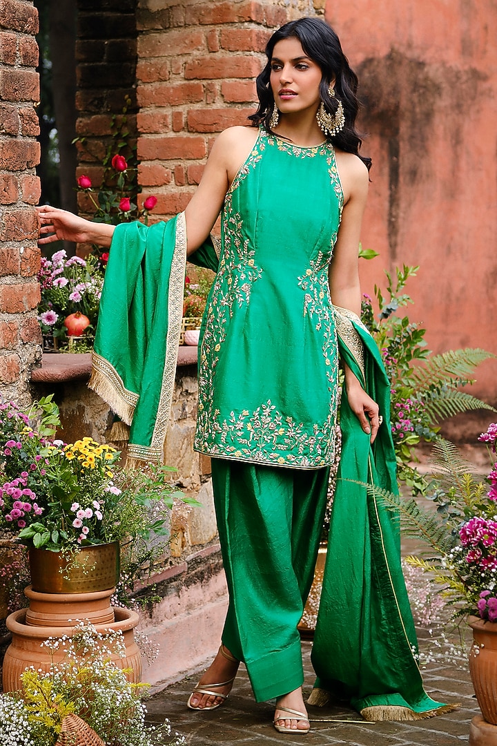 Emerald Green Khurkhul Handwoven Silk Thread Embroidered Kurta Set by 11 Tareng at Pernia's Pop Up Shop