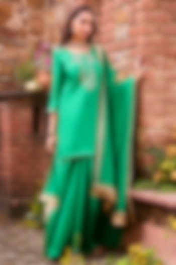 Emerald Green Khurkhul Handwoven Silk Pre-Draped Skirt Set by 11 Tareng at Pernia's Pop Up Shop