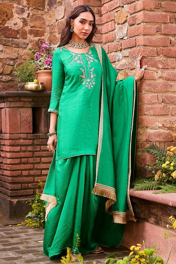 Emerald Green Khurkhul Handwoven Silk Pre-Draped Skirt Set by 11 Tareng at Pernia's Pop Up Shop