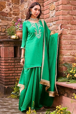 Emerald Green Khurkhul Handwoven Silk Pre-Draped Skirt Set by 11 Tareng