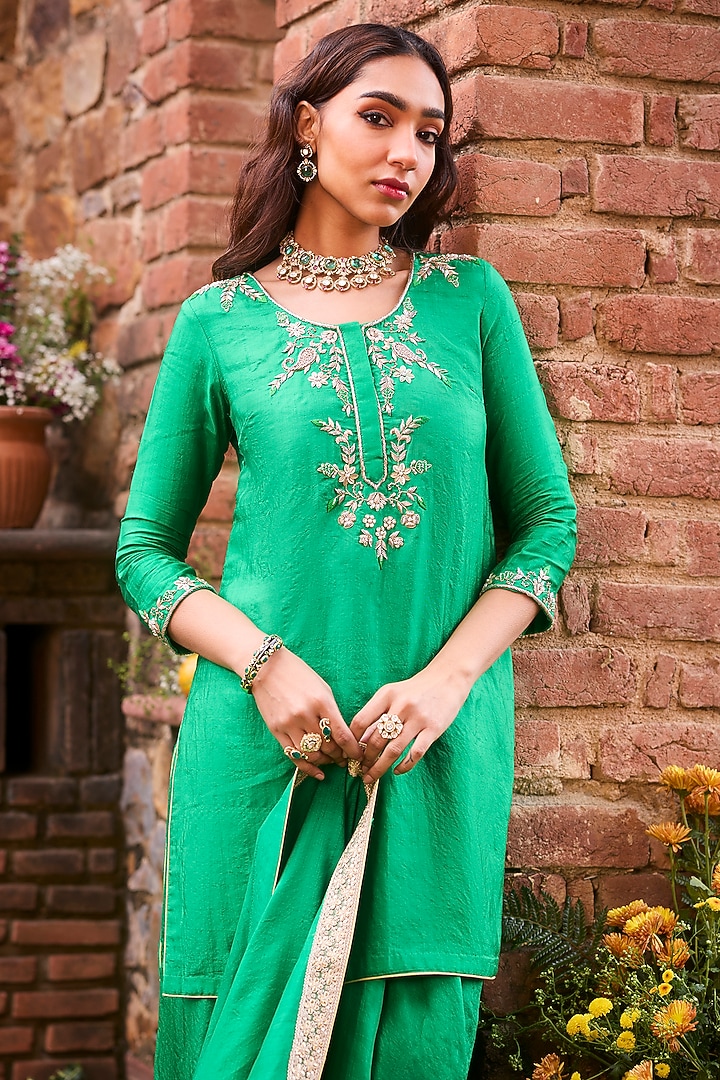 Emerald Green Khurkhul Handwoven Silk Pre-Draped Skirt Set by 11 Tareng at Pernia's Pop Up Shop
