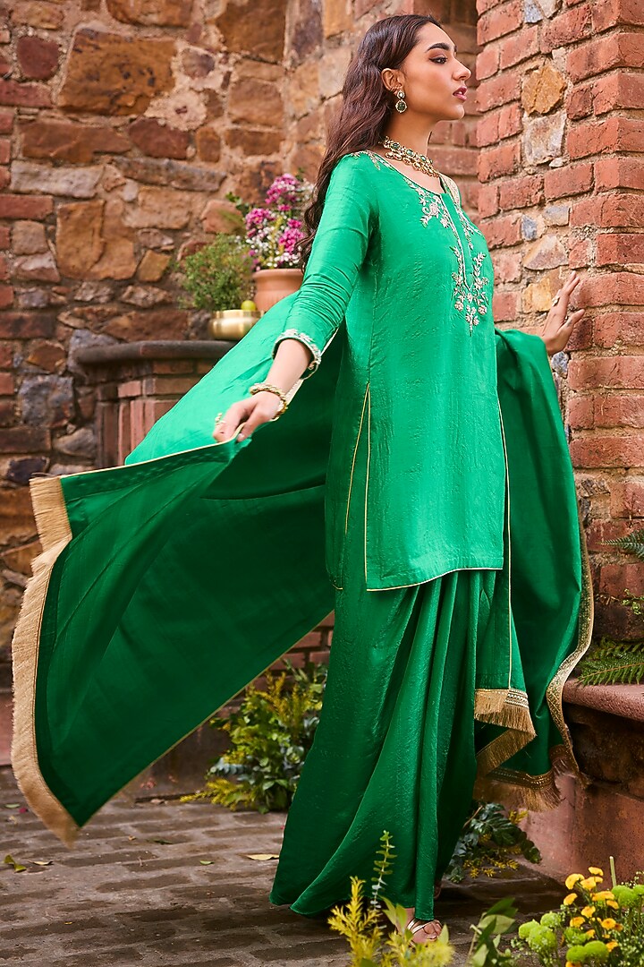 Emerald Green Khurkhul Handwoven Silk Pre-Draped Skirt Set by 11 Tareng at Pernia's Pop Up Shop