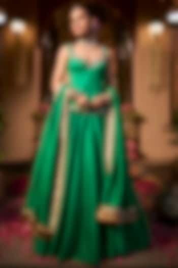 Emerald Green Khurkhul Handwoven Silk  dulhan bday 22 may Lehenga Set by 11 Tareng at Pernia's Pop Up Shop