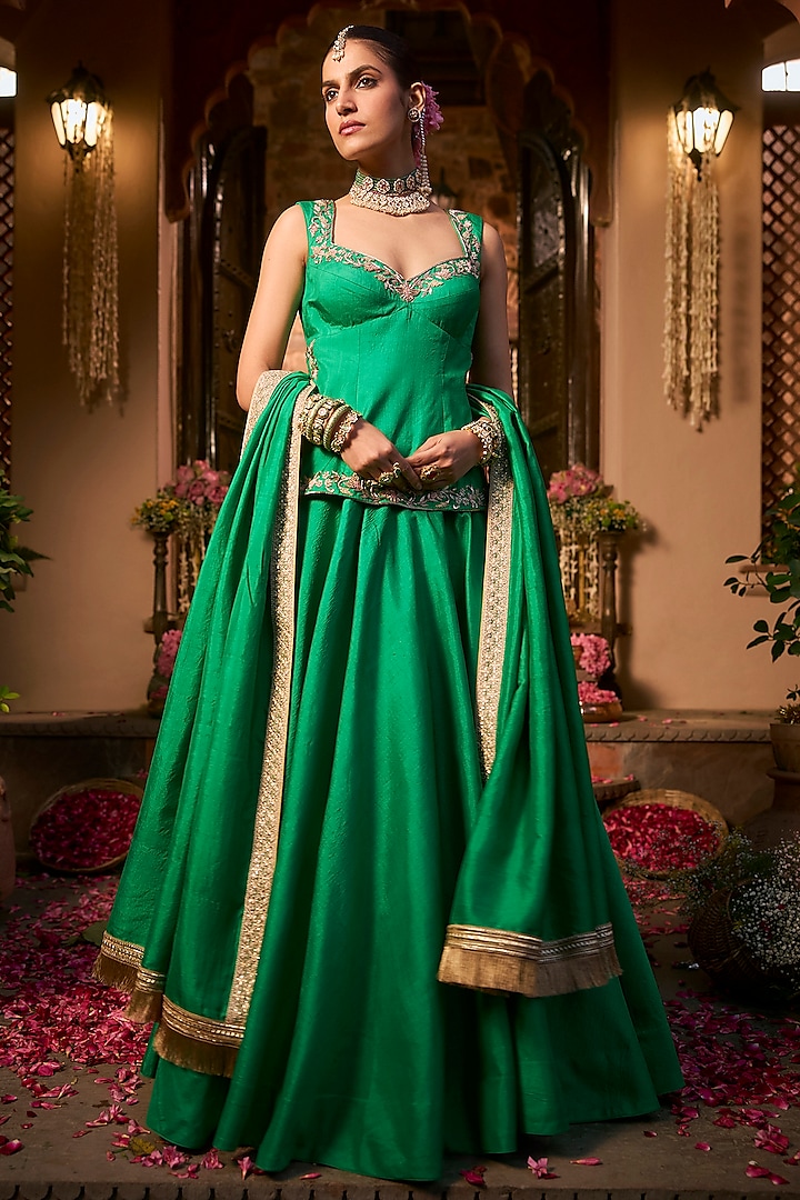 Emerald Green Khurkhul Handwoven Silk  dulhan bday 22 may Lehenga Set by 11 Tareng at Pernia's Pop Up Shop