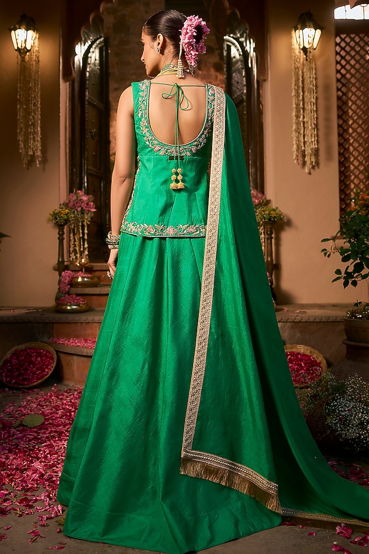 Emerald Green Khurkhul Handwoven Silk Wedding Lehenga Set by 11 Tareng at Pernia's Pop Up Shop