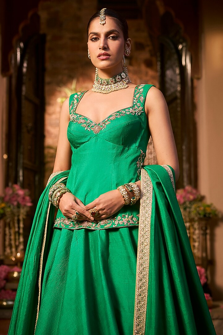 Emerald Green Khurkhul Handwoven Silk Wedding Lehenga Set by 11 Tareng at Pernia's Pop Up Shop