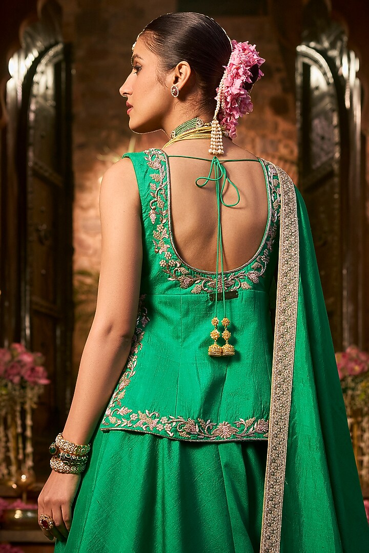Emerald Green Khurkhul Handwoven Silk Wedding Lehenga Set by 11 Tareng at Pernia's Pop Up Shop
