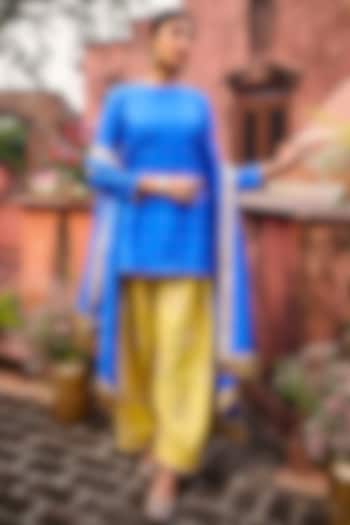 Royal Blue & Saffron Yellow Khurkhul Handwoven Silk Thread Embroidered Kurta Set by 11 Tareng at Pernia's Pop Up Shop