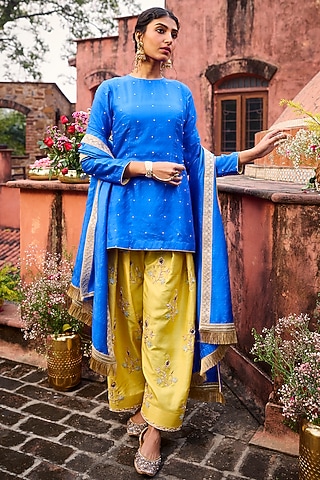 Royal Blue & Saffron Yellow Khurkhul Handwoven Silk Thread Embroidered Kurta Set by 11 Tareng
