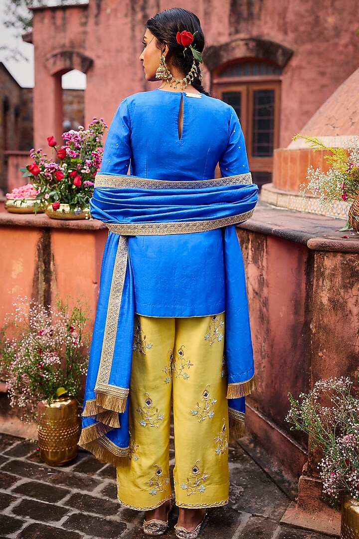 Royal Blue & Saffron Yellow Khurkhul Handwoven Silk Thread Embroidered Kurta Set by 11 Tareng at Pernia's Pop Up Shop