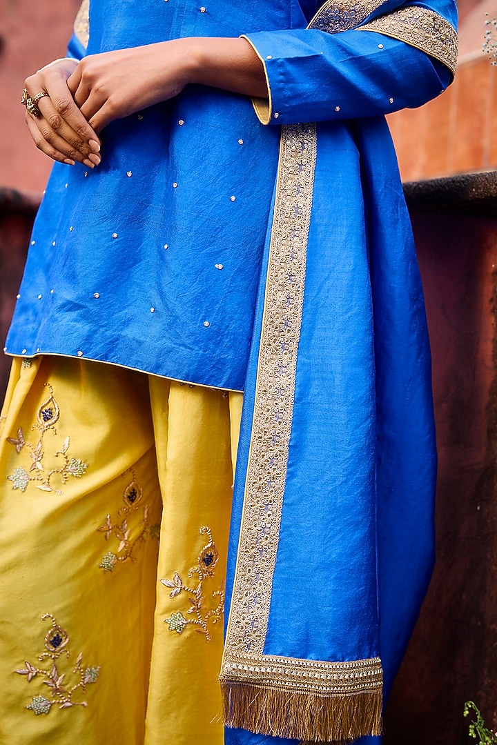 Royal Blue & Saffron Yellow Khurkhul Handwoven Silk Thread Embroidered Kurta Set by 11 Tareng at Pernia's Pop Up Shop
