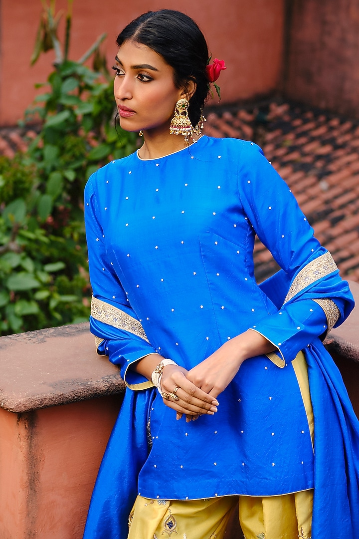 Royal Blue & Saffron Yellow Khurkhul Handwoven Silk Thread Embroidered Kurta Set by 11 Tareng at Pernia's Pop Up Shop