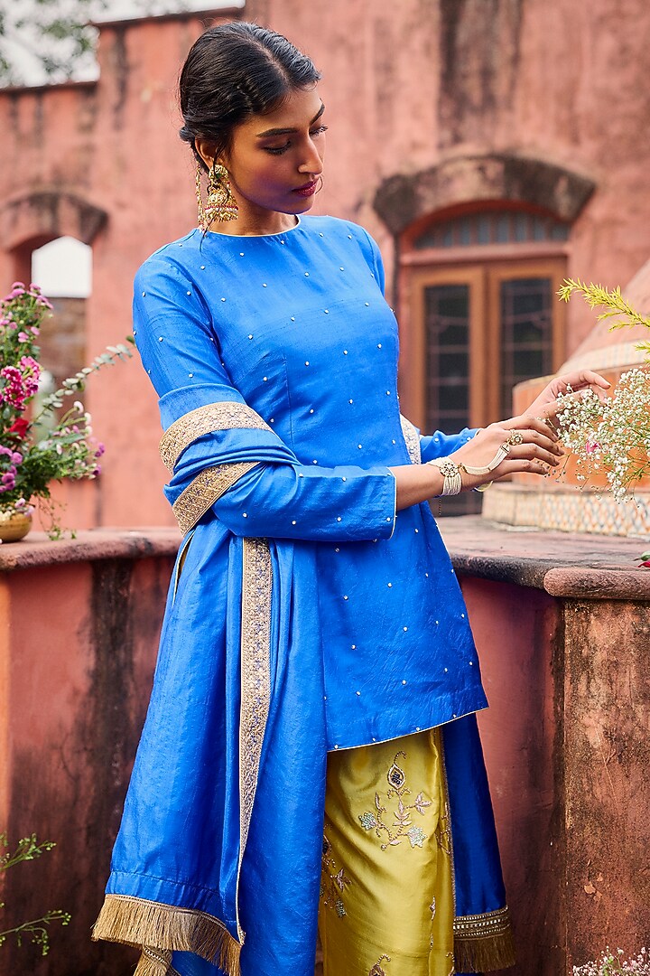 Royal Blue & Saffron Yellow Khurkhul Handwoven Silk Thread Embroidered Kurta Set by 11 Tareng at Pernia's Pop Up Shop