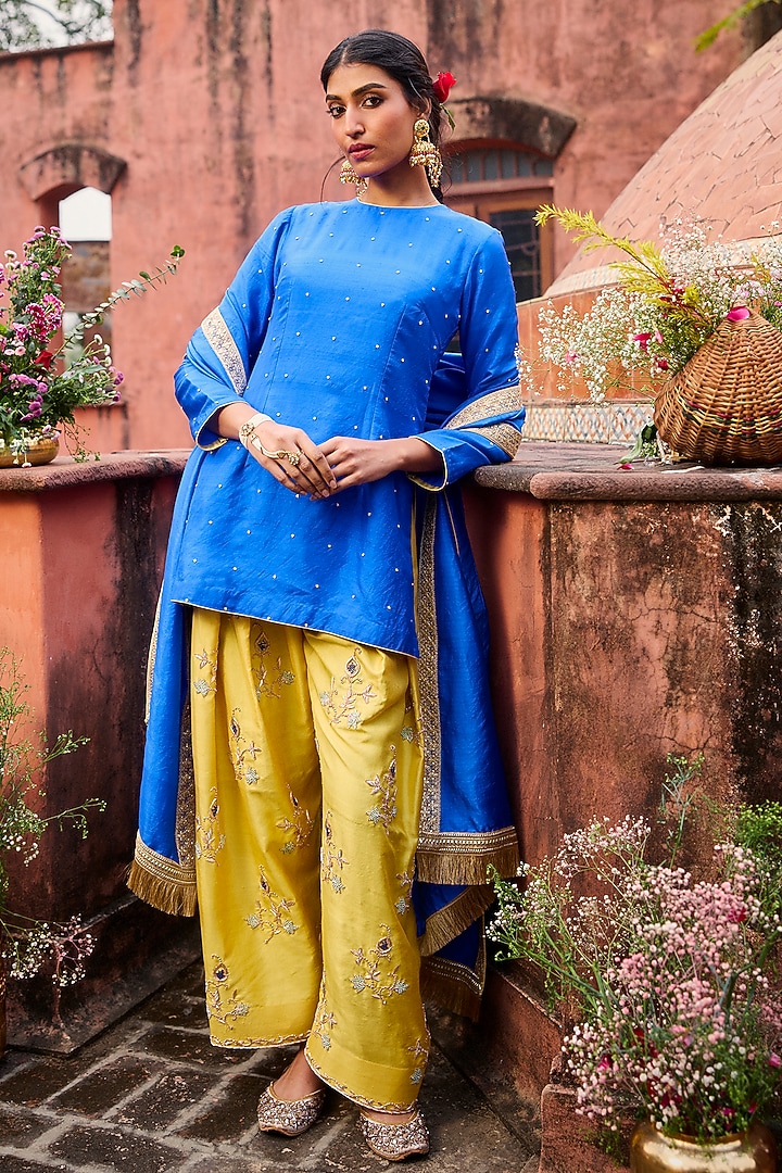 Royal Blue & Saffron Yellow Khurkhul Handwoven Silk Thread Embroidered Kurta Set by 11 Tareng at Pernia's Pop Up Shop