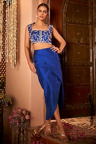 Royal Blue Khurkhul Handwoven Silk Draped Skirt Set by 11 Tareng