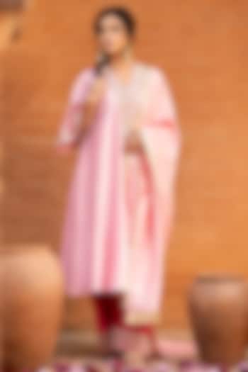 Tangerine Orange & Cerise Pink Khurkhul Handwoven Silk Dabka Embroidered Kurta Set by 11 Tareng at Pernia's Pop Up Shop