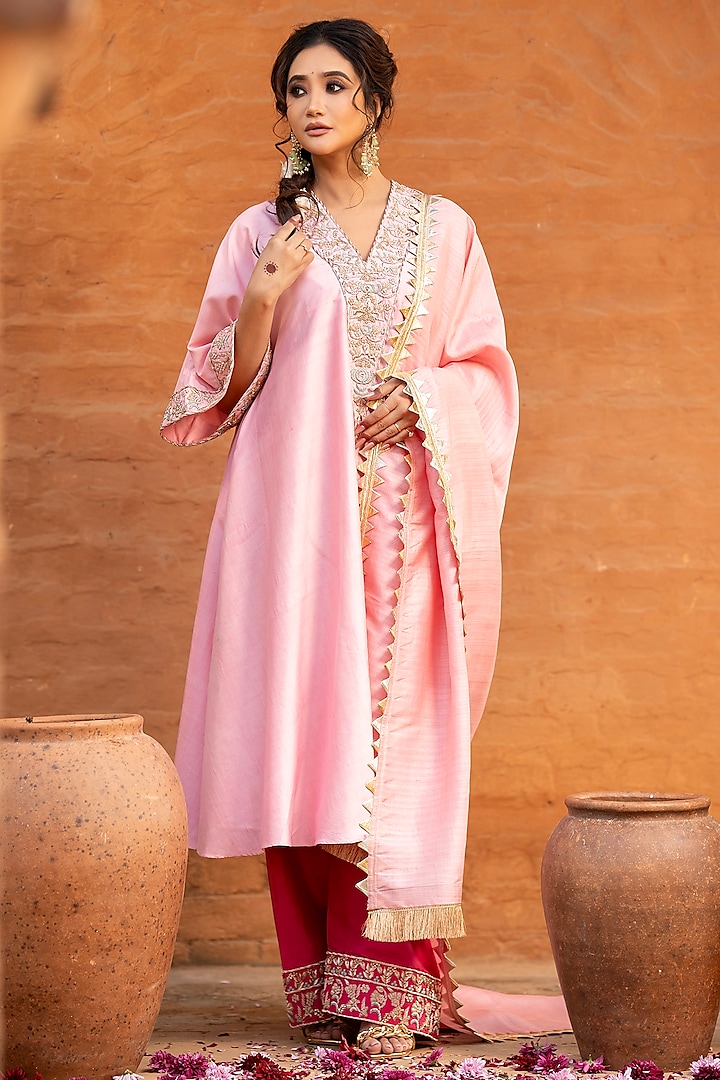 Tangerine Orange & Cerise Pink Khurkhul Handwoven Silk Dabka Embroidered Kurta Set by 11 Tareng at Pernia's Pop Up Shop