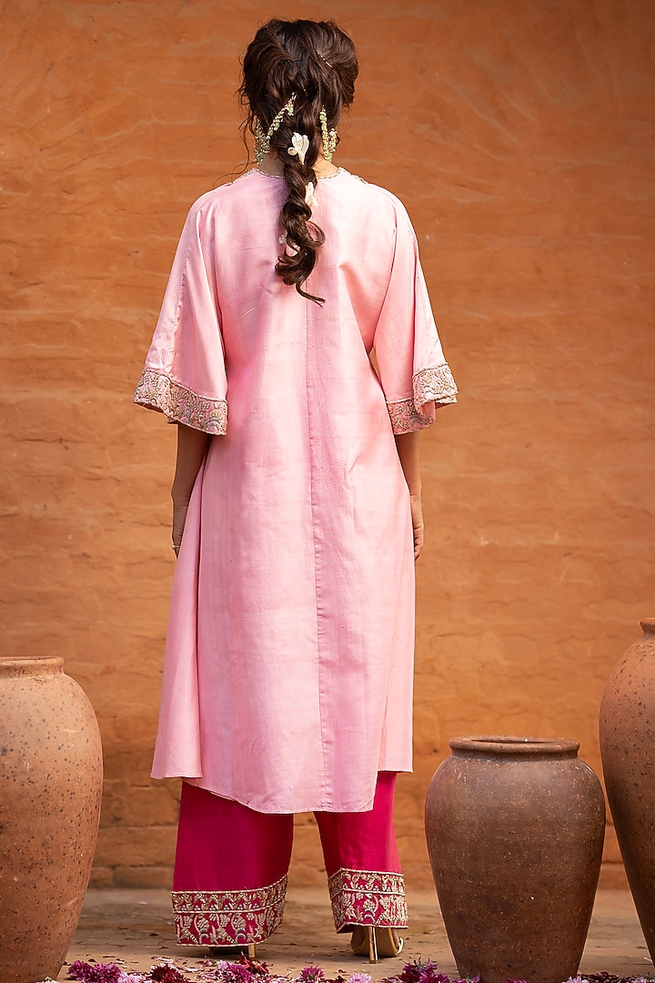 Tangerine Orange & Cerise Pink Khurkhul Handwoven Silk Dabka Embroidered Kurta Set by 11 Tareng at Pernia's Pop Up Shop