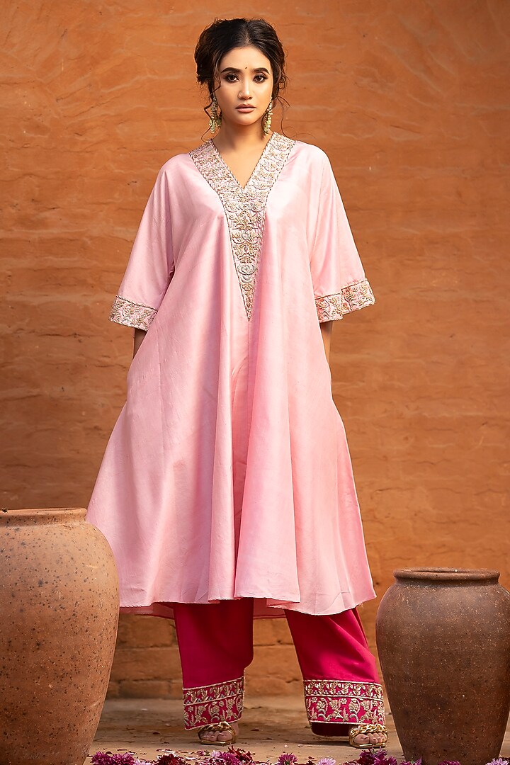 Tangerine Orange & Cerise Pink Khurkhul Handwoven Silk Dabka Embroidered Kurta Set by 11 Tareng at Pernia's Pop Up Shop