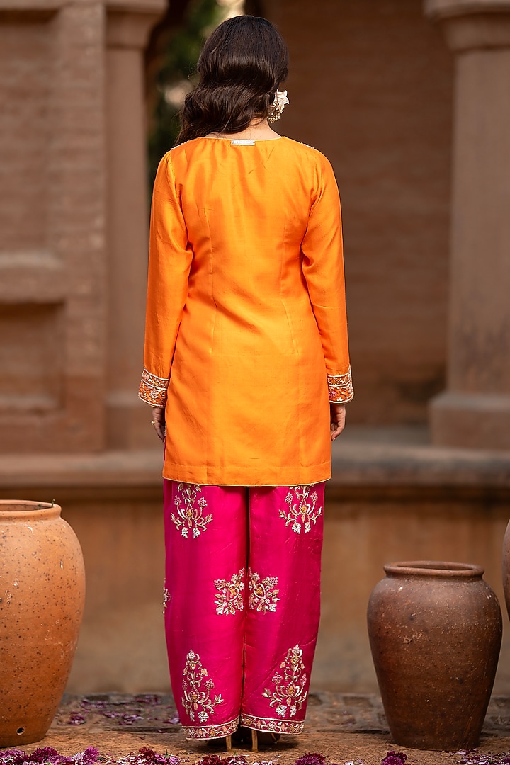 Peony Pink & Cerise Pink Khurkhul Handwoven Silk Dabka Embroidered Kurta Set by 11 Tareng at Pernia's Pop Up Shop