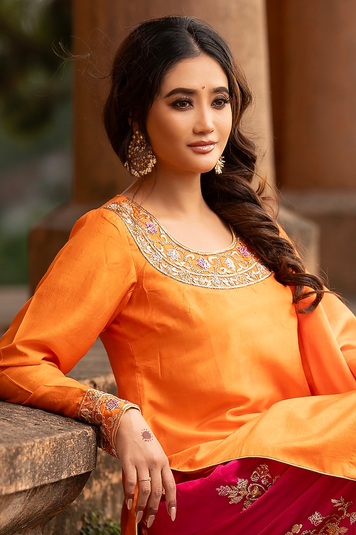 Peony Pink & Cerise Pink Khurkhul Handwoven Silk Dabka Embroidered Kurta Set by 11 Tareng at Pernia's Pop Up Shop