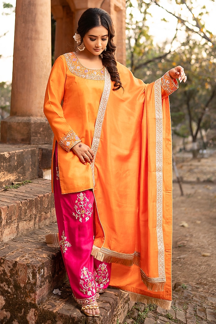 Peony Pink & Cerise Pink Khurkhul Handwoven Silk Dabka Embroidered Kurta Set by 11 Tareng at Pernia's Pop Up Shop