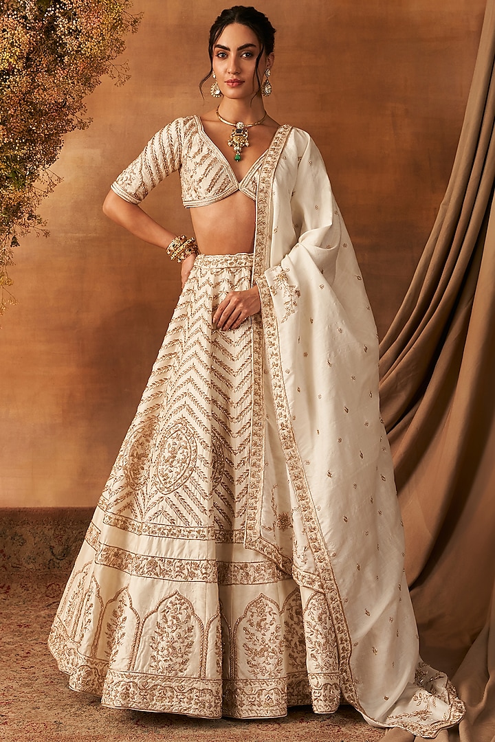 Ivory Handwoven Khurkhul Silk Sequins Embroidered Lehenga Set by 11 Tareng at Pernia's Pop Up Shop