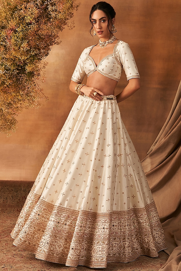 Ivory Handwoven Khurkhul Silk Resham Embroidered Lehenga Set by 11 Tareng at Pernia's Pop Up Shop