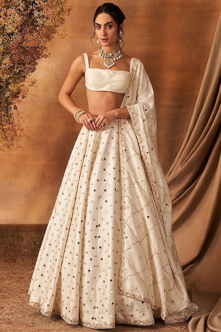 Ivory Handwoven Khurkhul Silk Sequins Embroidered Lehenga Set by 11 Tareng at Pernia's Pop Up Shop