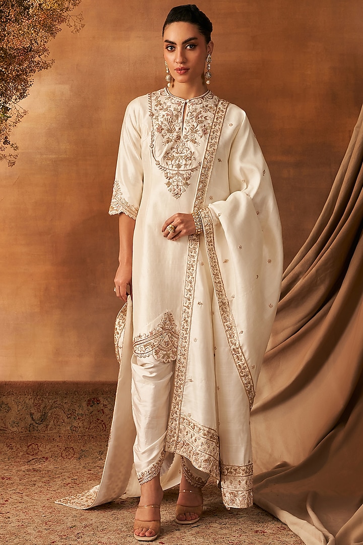 Ivory Handwoven Khurkhul Silk Pearl Embroidered Kurta Set by 11 Tareng at Pernia's Pop Up Shop