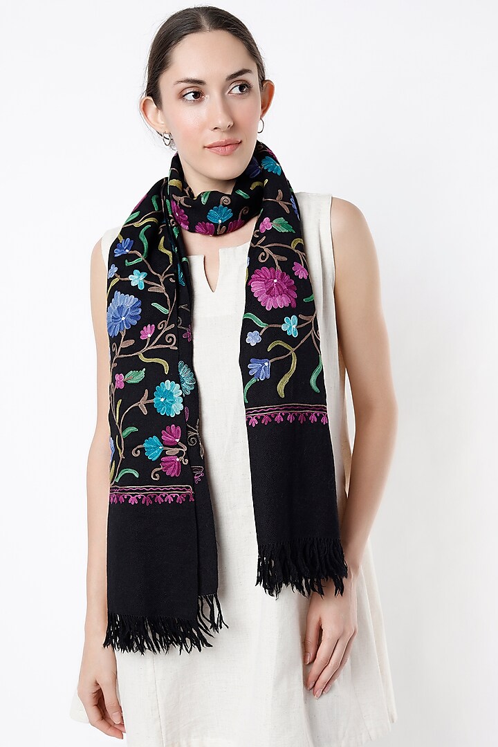 Black Aari Embroidered Stole by Tromboo