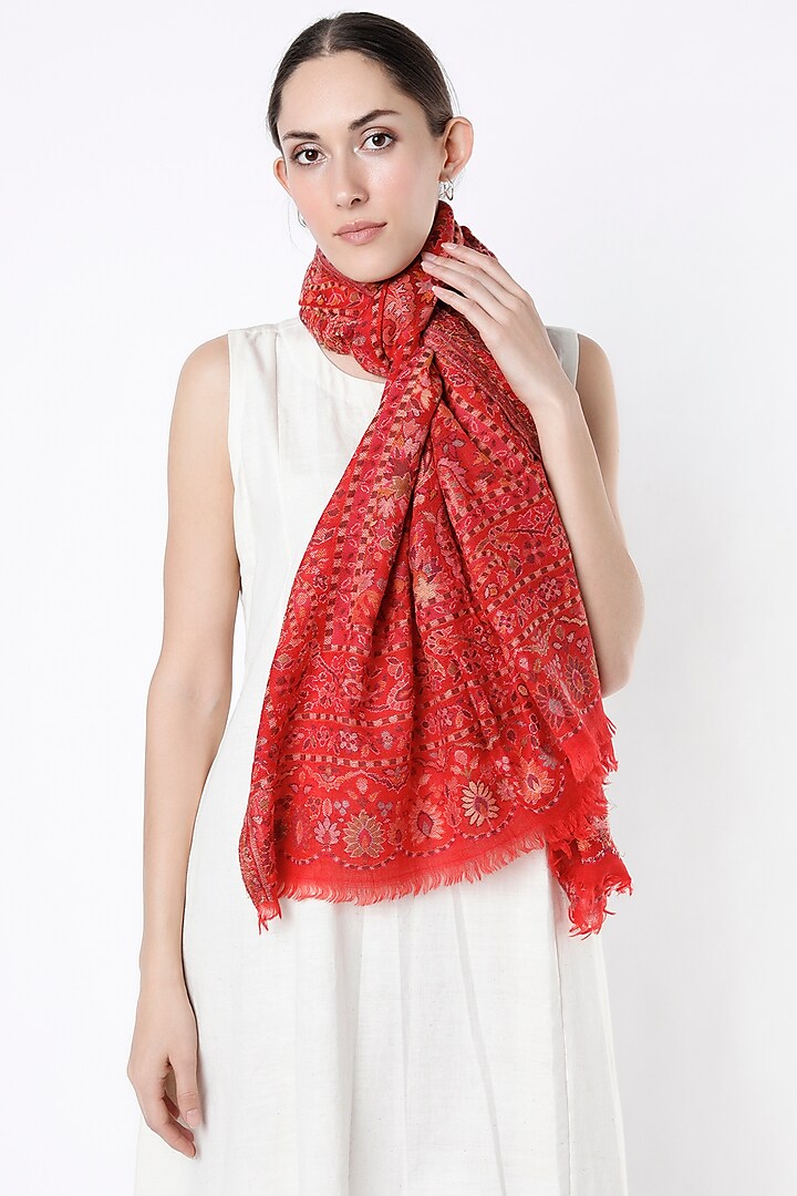 Red Shawl With Floral Kani Work by Tromboo