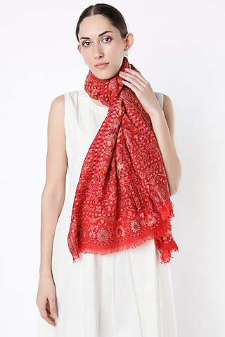 Red Shawl With Floral Kani Work by Tromboo