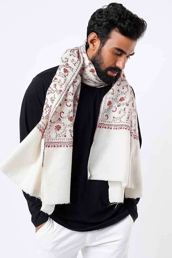 Ivory Hand Embroidered Shawl by Tromboo Men at Pernia's Pop Up Shop