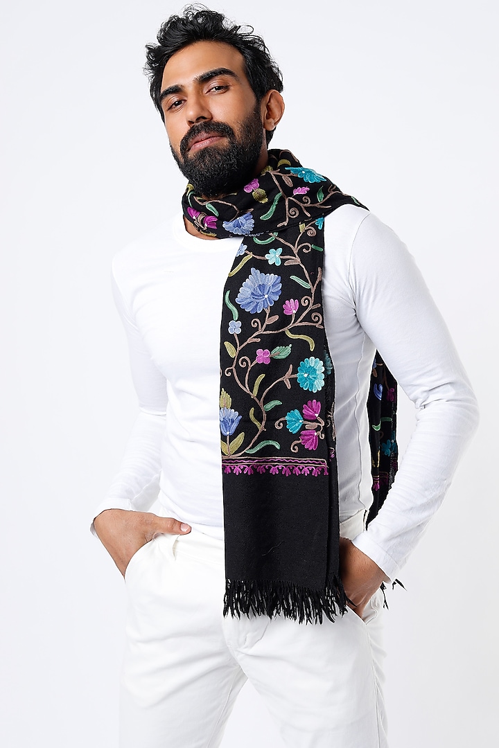 Black Embroidered Stole by Tromboo Men