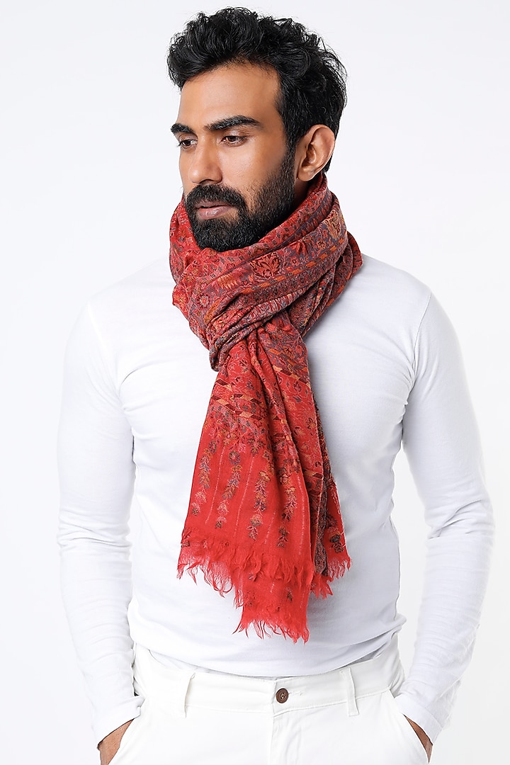 Red Shawl With Floral Kani Motifs by Tromboo Men