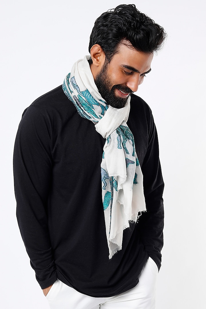 White & Teal Handwoven Shawl by Tromboo Men
