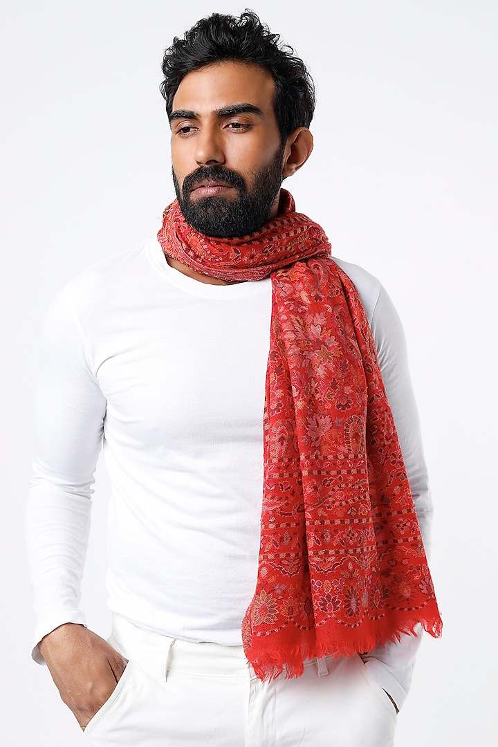 Red Shawl With Floral Kani Detailing by Tromboo Men