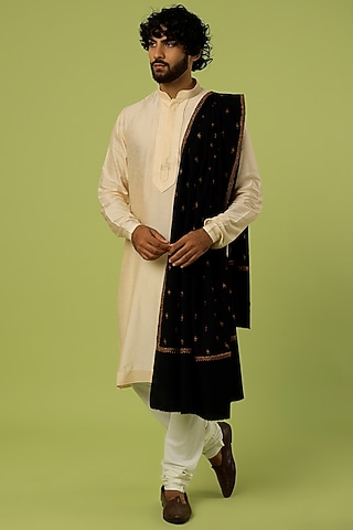 Rich Black Embroidered Shawl by Tromboo Men