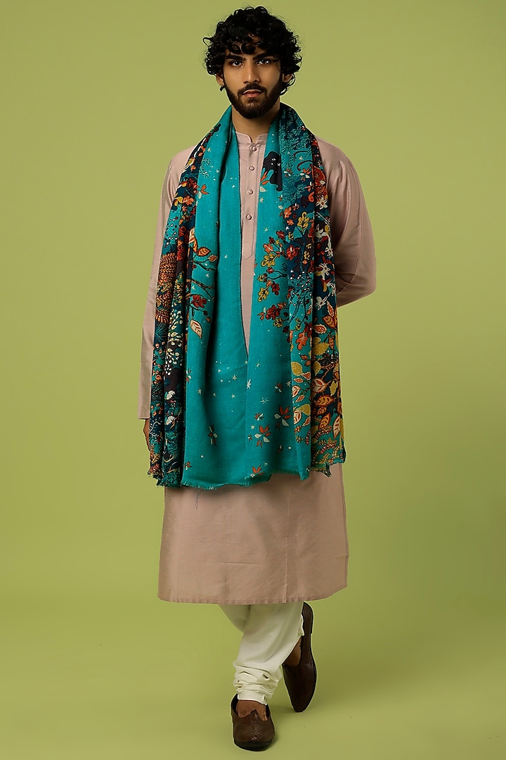 Turquoise Printed Shawl by Tromboo Men