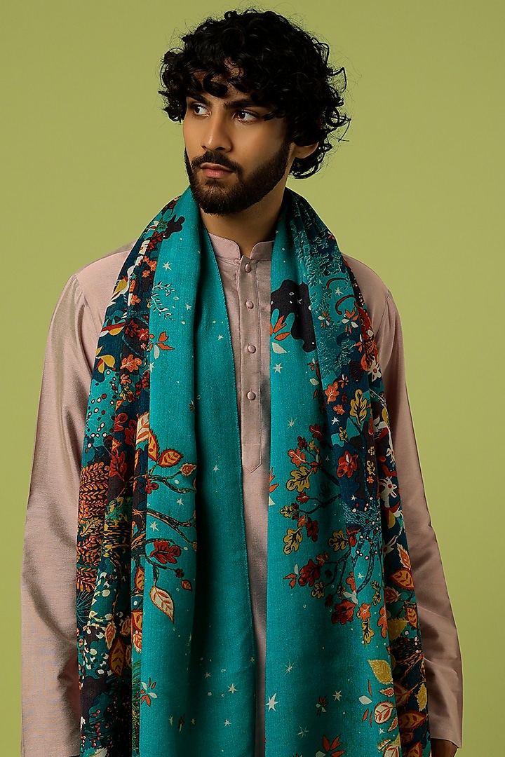 Turquoise Printed Shawl by Tromboo Men at Pernia's Pop Up Shop