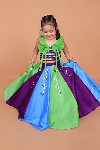 Multi-Colored Dupion Raw Silk Hand Embroidered Lehenga Set For Girls by TURQIDZ