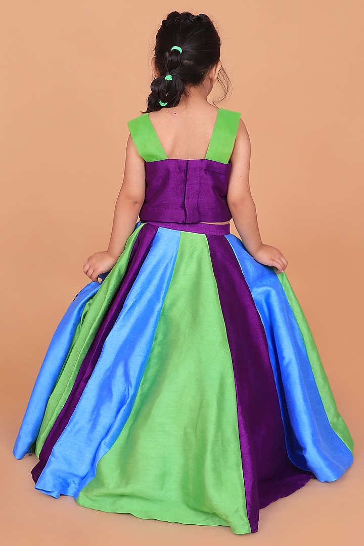 Multi-Colored Dupion Raw Silk Hand Embroidered Lehenga Set For Girls by TURQIDZ at Pernia's Pop Up Shop